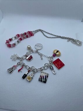 Avon Silver-Tone Charm Bracelet and Pink Beaded Necklace